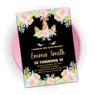 Unicorne noire florale Invitations d'anniversaire