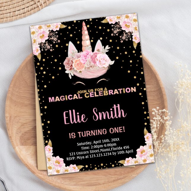 Unicorne noire rose florale Invitations d'annivers (Pink Floral Black Unicorn Birthday Invitations)