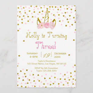 Unicorne rose et or Invitation d'anniversaire