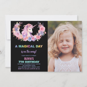 Unicorne rose floral photo Invitations d'anniversa
