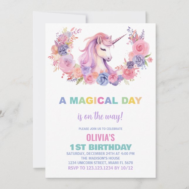 Unicorne rose florale Invitations d'anniversaire (Devant)