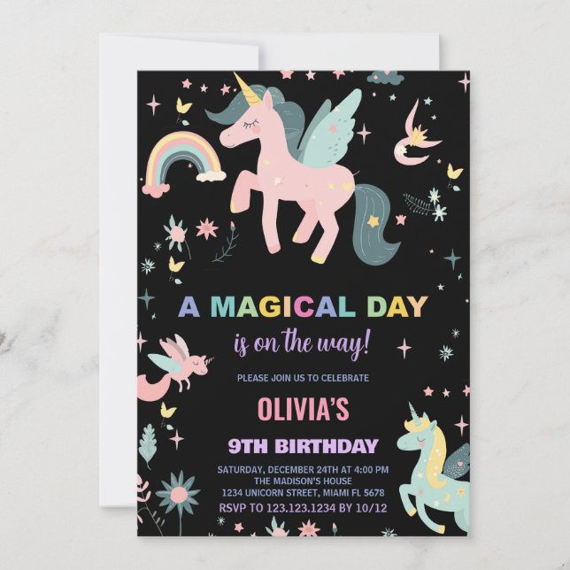 Unicorne rose Invitations d'anniversaire (Devant)