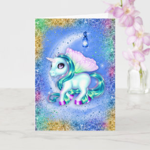 Unicorne sur la carte d'anniversaire bleu lune