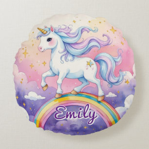 Unicorne sur Rainbow Editable Name Round Coussin