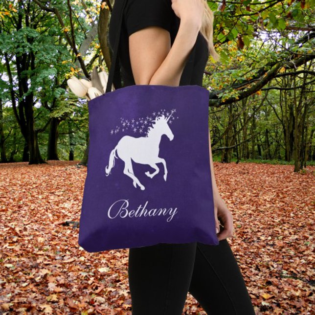 Unicorne violet foncé Sac fourre-tout personnalisé (Purple Unicorn Personalized Tote Bag)
