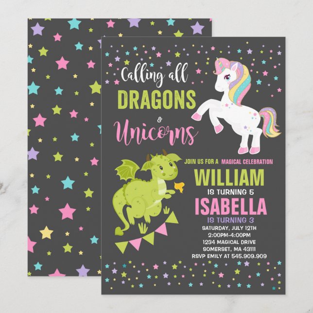 Unicornes Et Dragons Anniversaire Invitation Magiq (Devant / Derrière)