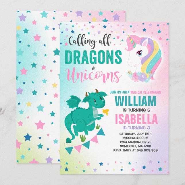 Unicornes Et Dragons Anniversaire Invitation Magiq (Devant / Derrière)
