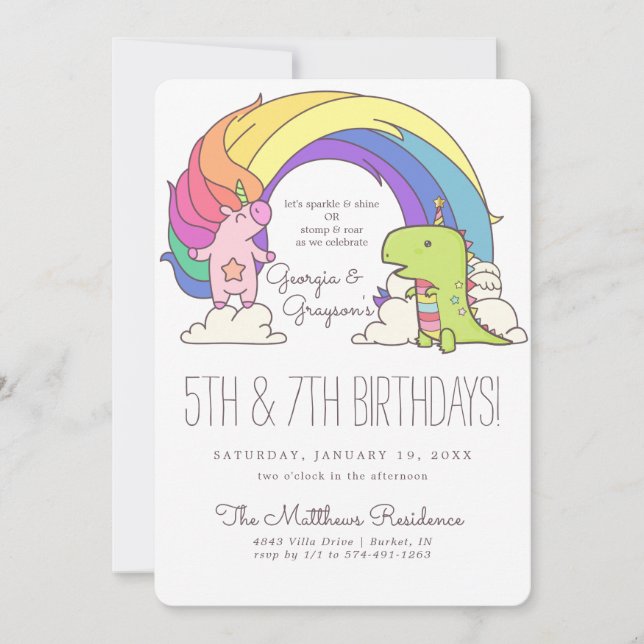 Unicorns & Dinosaurier Einladungen zum Geburtstag (Vorderseite)