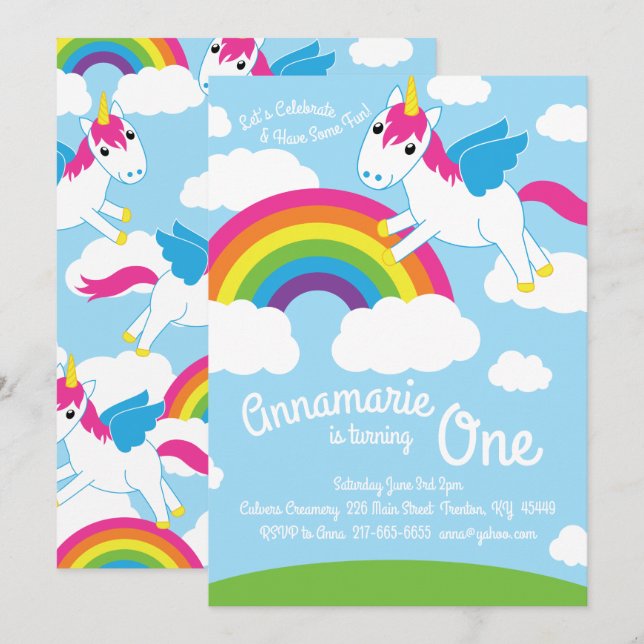 Unicorns et Rainbow 1st Birthday Cute Invitations (Devant / Derrière)