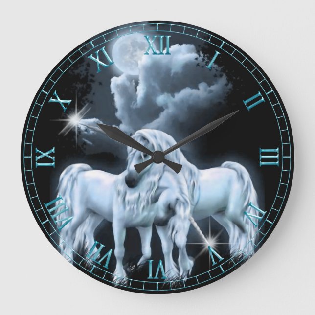 Unicorns in der Mondlicht-Uhr Große Wanduhr (Vorderseite)