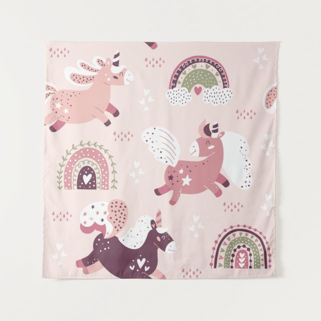 Unicorns Rainbows: Pastellzauberer Hintergrund. Wandteppich (Vorderseite)