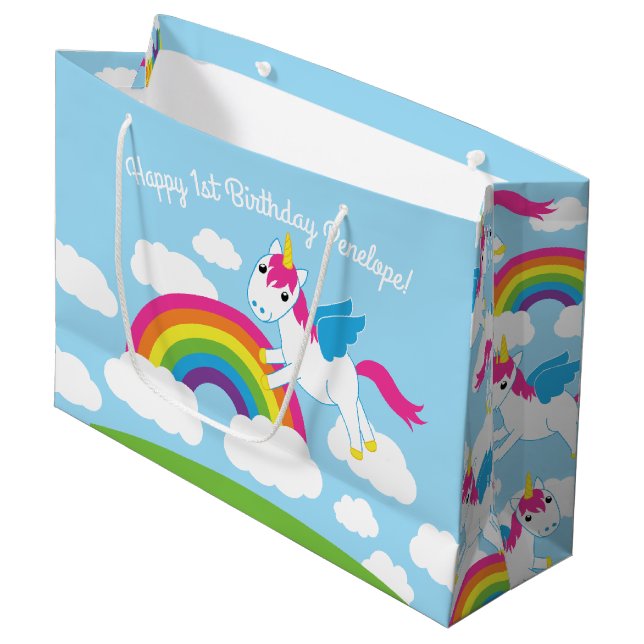 Unicorns u. Regenbogen-niedliches 1. Große Geschenktüte (Vorderseite Schrägansicht)