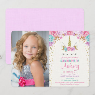Unicornschlummer-Partyrosa und GoldFotogeburtstag Einladung