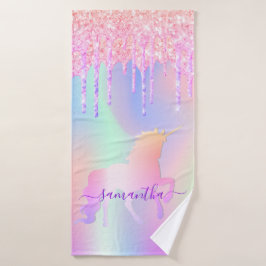 Unicoron Glitzer Tropfen Rosa Regenbogenname Badehandtuch