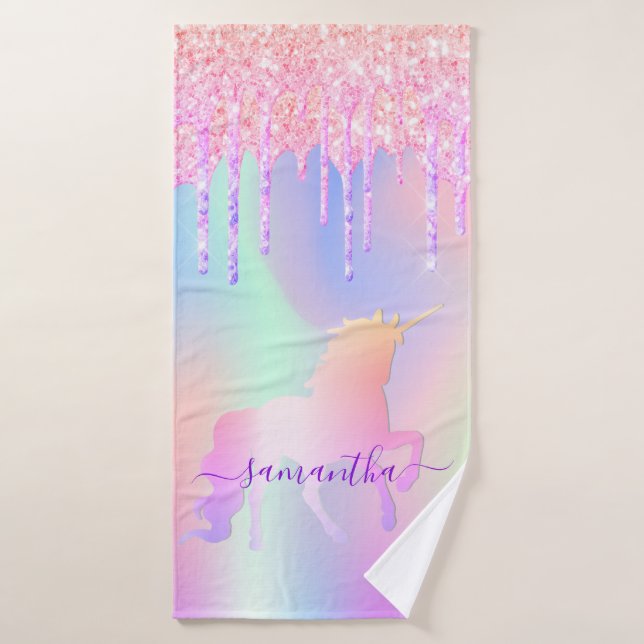 Unicoron Glitzer Tropfen Rosa Regenbogenname Badehandtuch (Badehandtuch)