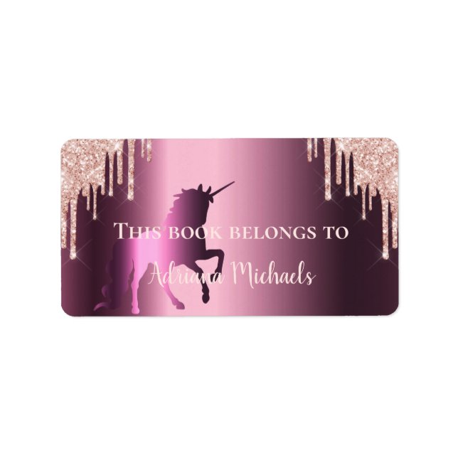 Unicoron Rose Gold Glitzer lila Buchzeichen Name Adressaufkleber (Vorne)