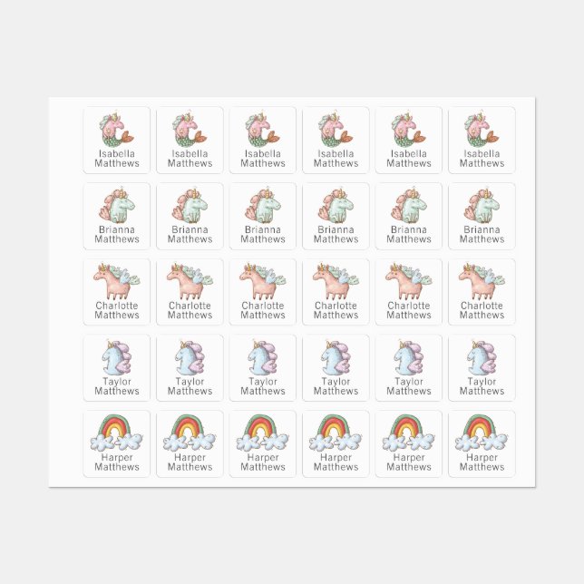 Uniköre und Regenbogen mit Kindername Etiketten (Blatt)