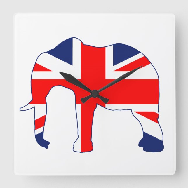 Union Jack British Elephant Clock Quadratische Wanduhr (Vorderseite)