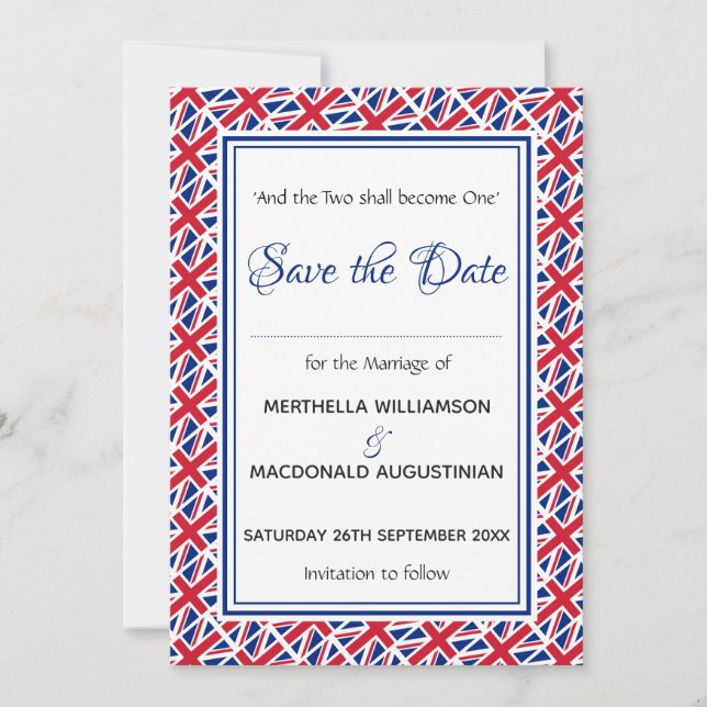 UNION JACK Customized Scripture Stylish UK Save The Date (Vorderseite)