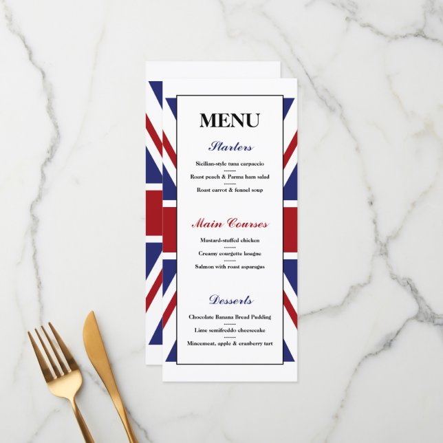Union Jack Flag Britisches Hochzeitmenü Menükarte (Vorderseite/Rückseite Beispiel)