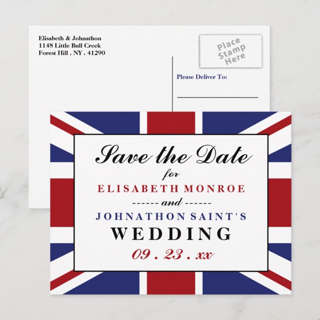 Union Jack Flag British Wedding rettet das Datum Ankündigungspostkarte (Vorne/Hinten)