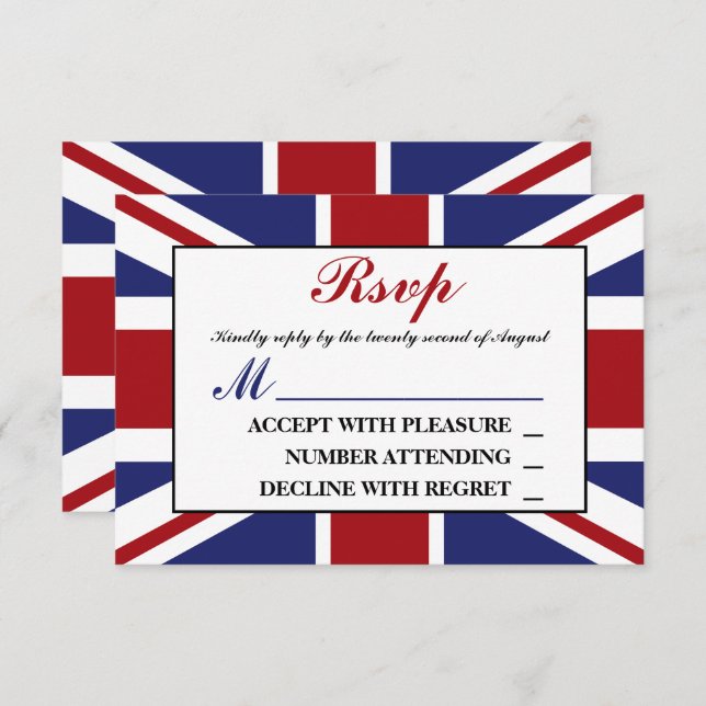 Union Jack Flag British Wedding RSVP Karte (Vorne/Hinten)