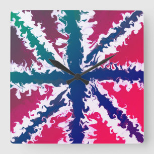 Union Jack Painted UK Art Pink Blue Green throw Quadratische Wanduhr