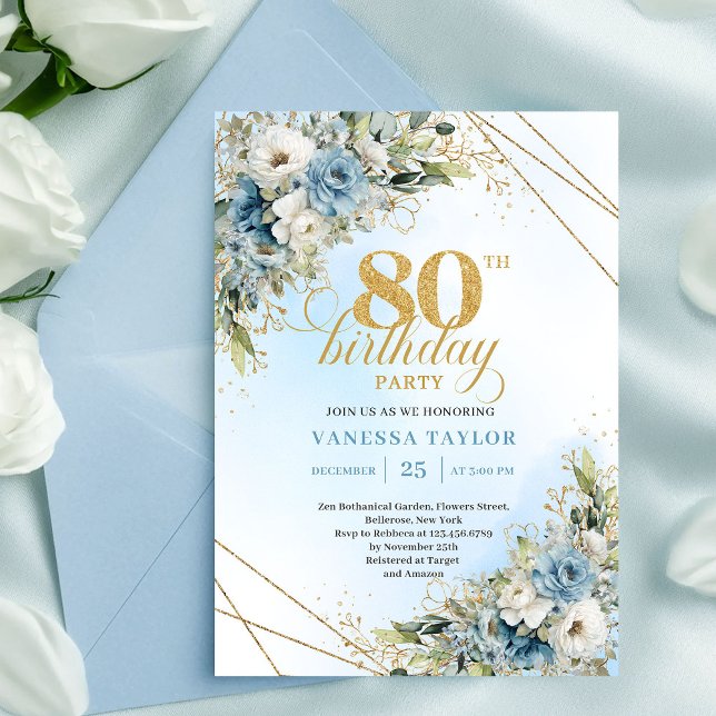 Unique 80th Birthday Invitation Boho Blue White  Einladung (Unique 80th Birthday Invitation Boho Blue White Florals)