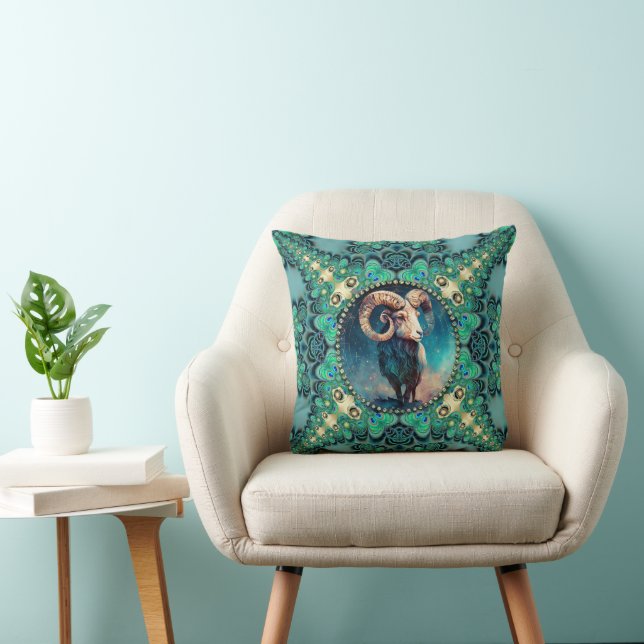 Unique Aries Zodiac Green Blue Peacock & Fraktale Kissen (Stuhl )