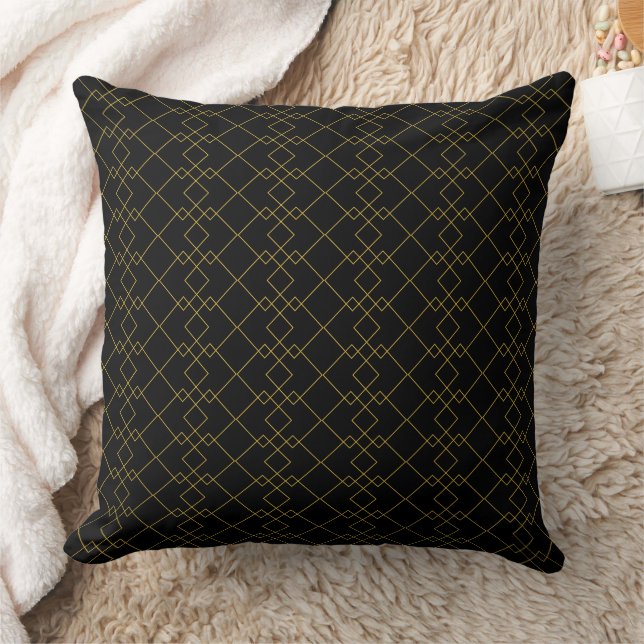 Unique Black Throw Pillow Featuring Gold Box Desig Kissen (Decke)