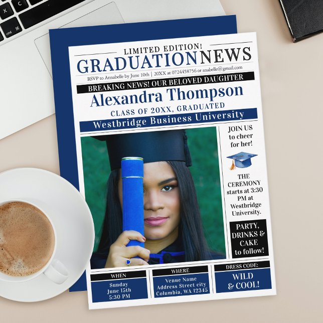 Unique Blue Graduation Newspaper Breaking News Einladung (Von Creator hochgeladen)