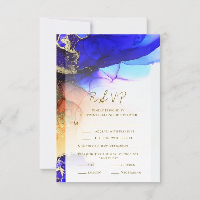 Unique Blue Orange Gold Wedding RSVP Card Karte (Vorderseite)