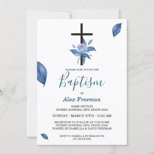 Unique Blue Script Watercolor Rose Floral Taufe Einladung