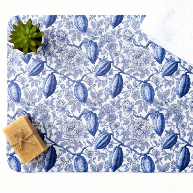 Unique Blue Toile Cocoa Chic Botanical Pattern Badematte (Von Creator hochgeladen)