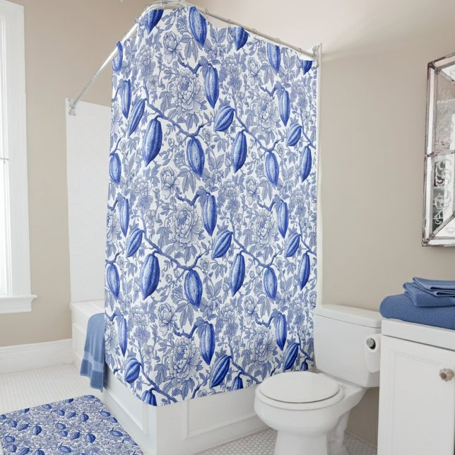 Unique Blue Toile Cocoa Chic Botanical Pattern Duschvorhang (Von Creator hochgeladen)