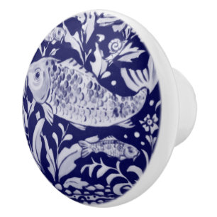 Unique Blue & White Koi Fish Stilisierte Teich-Pfl Keramikknauf