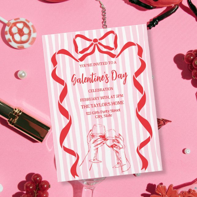 Unique Cocktail Galentine's Day Party Brunch  Einladung (red bow champagne girls galentine party invitation)