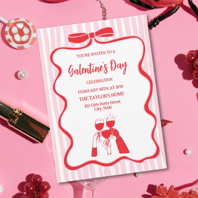 Unique Cocktail Galentine's Day Party Brunch  Einladung (pink and red bow and red doodle champagne galentine's  party invitation)