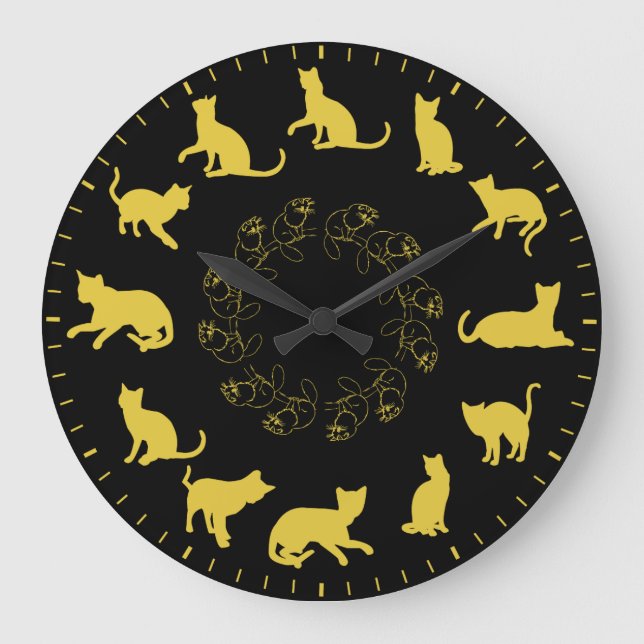 Unique Cute Gold Cat Silhouettes Themed Große Wanduhr (Vorderseite)