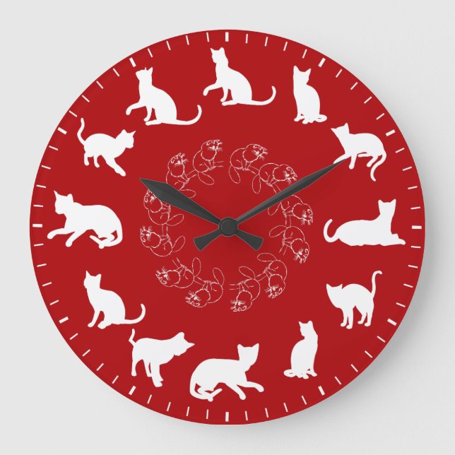 Unique Cute White Cat Silhouettes Themed Große Wanduhr (Vorderseite)