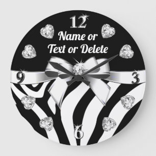 Unique Diamonds and Bow, ZEBRA PRINT Wall Clock Große Wanduhr