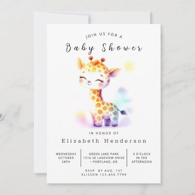 Unique Digital Giraffe Baby Dusche Einladung (Vorderseite)