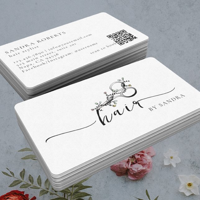 Unique Elegant Floral Scissors Logo QR Code Visitenkarte (Von Creator hochgeladen)