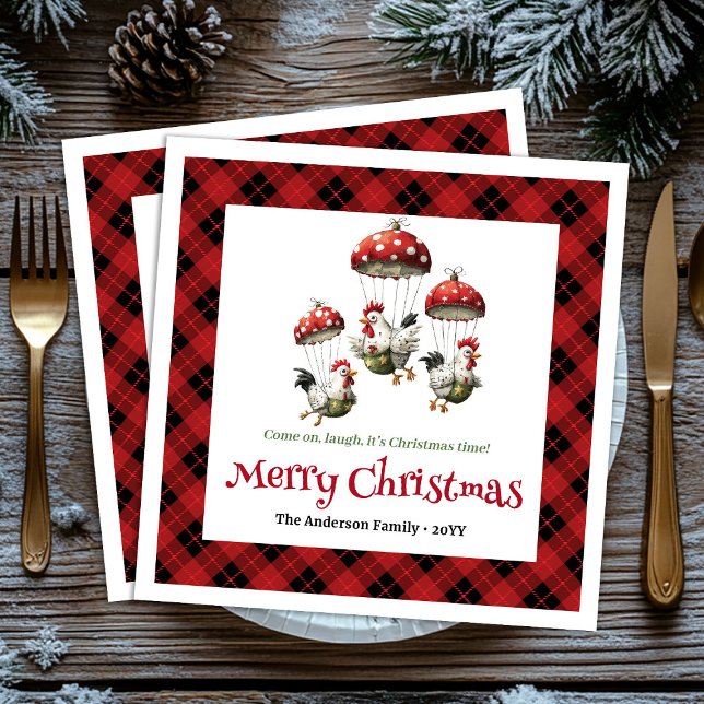 Unique Funny Chickens Editable Custom Name Holiday Serviette (Sweet Whimsical Chickens Personalized Red Green Cartoon Christmas Napkins

)