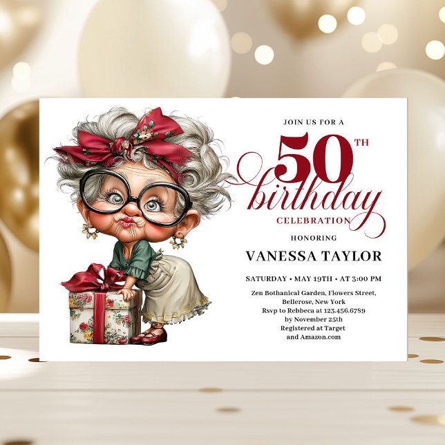 Unique Funny Lady 50th Birthday Humor Cartoon  Einladung (Unique Funny Lady 50th Birthday Humor Cartoon Invitation)
