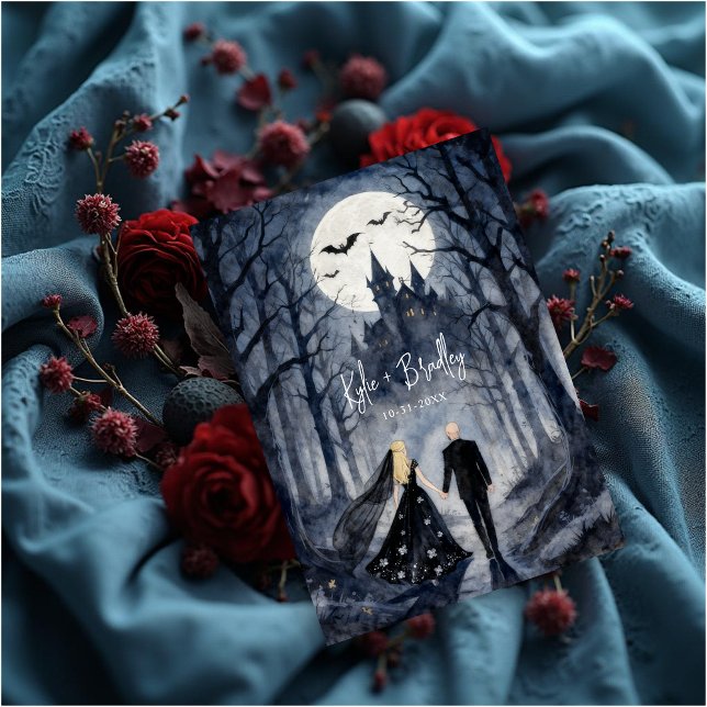 Unique Gothic Forest Wedding Couple Haunted Castle Einladung (Unique Gothic Forest Wedding Couple Haunted Castle Invitation Card Design.)