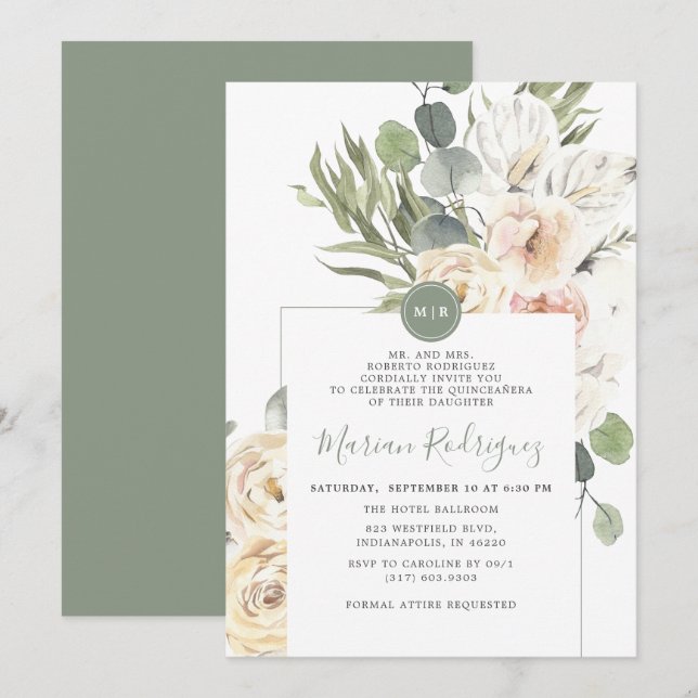 Unique Gree Floral Eukalyptus Monogram Quinceañera Einladung (Vorne/Hinten)