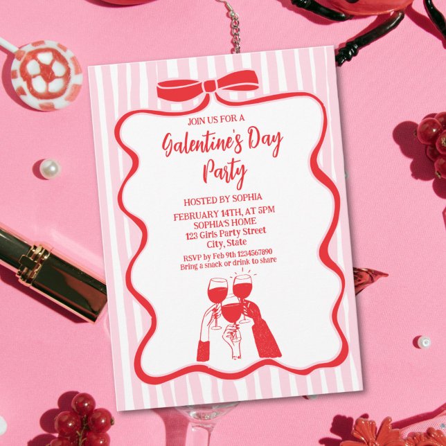 Unique Hand Drawn Pink Red Galentine's Day Party Einladung (Whimsy Hand Drawn Pink Red Galentine's Day Party Invitation)