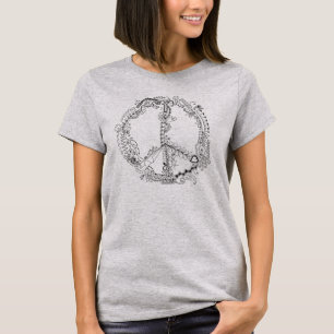 Unique Hand Illustrated Floral Peace Sign Pen Art T-Shirt