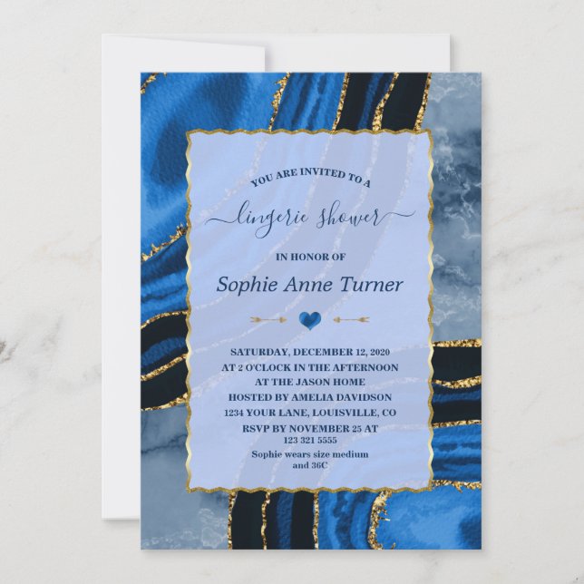 Unique Navy Blue Agate Gold Marble Lingerie Dusche Einladung (Vorderseite)